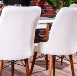 Set Masă Extensibilă Milano cu 6 Scaune Tapițate, 129/168x80x77 cm, Alb Marmorat, Alb și Lemn, Mobila Mega – Mese și Scaune – imagine 6