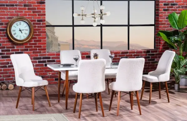 Set Masă Extensibilă Milano cu 6 Scaune Tapițate, 129/168x80x77 cm, Alb Marmorat, Alb și Lemn, Mobila Mega – Mese și Scaune