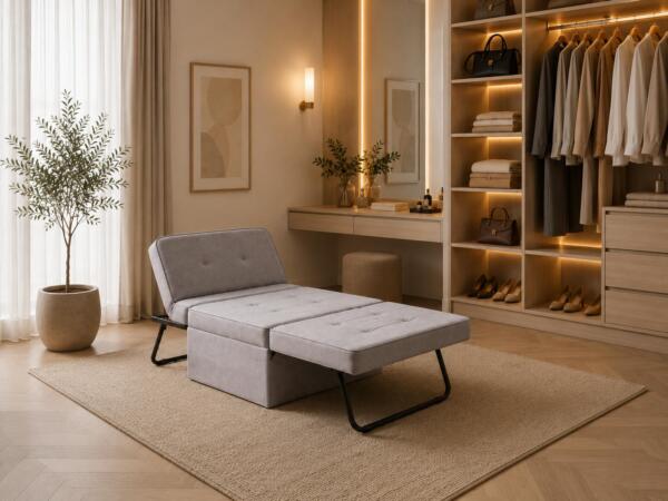 Taburet Tip Pat Extensibil, Gri Deschis, cu dimensiuni de 86x189 cm și spumă poliuretanică. Compact, confortabil și ideal pentru oaspeți sau spații mici. Mobila Mega