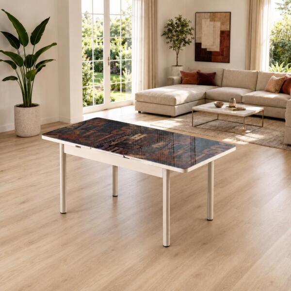 Masă extensibilă Gold Litere, cu blat decorativ și lungime reglabilă de la 130 la 165 cm. Ideală pentru bucătărie, dining sau living. Mobila Mega