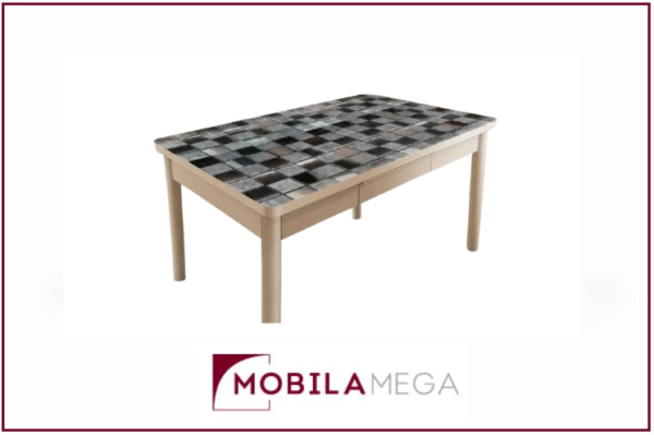 Masă extensibilă Gold Mozaic cu blat decorativ și lungime reglabilă de la 130 la 165 cm. Ideală pentru bucătărie, dining sau living. Mobila Mega
