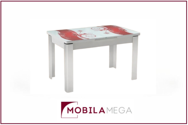 Masă extensibilă Viva Bordo cu blat lucios și imprimeu floral. Dimensiunea de 80 × 130 cm poate fi extinsă până la 80 × 165 cm. Mobila Mega