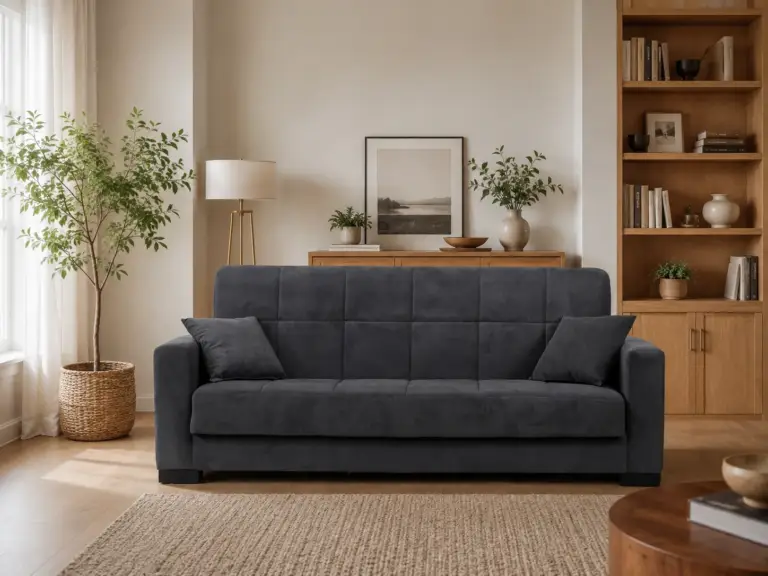 Canapea extensibila Maxima, 223x84,5x97, cu arcuri Bonell, sistem click-clack, funcție pat 120x190 cm și spațiu de depozitare practic. Mobila Mega – Canapele