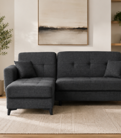 Coltar extensibil Modena, 237x154x93, cu funcție pat 115x200 cm, colț reversibil, sistem click-clack, spațiu de depozitare, spumă poliuretanică. Mobila Mega – Colțare