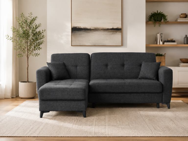 Coltar extensibil Modena, 237x154x93, cu funcție pat 115x200 cm, colț reversibil, sistem click-clack, spațiu de depozitare, spumă poliuretanică. Mobila Mega – Colțare