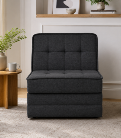 Fotoliu extensibil Compact, funcție pat 82 × 191 cm, cadru metalic, spumă poliuretanică și spațiu practic de depozitare. Mobila Mega – Fotoliu