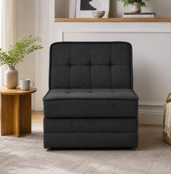 Fotoliu extensibil Compact, funcție pat 82 × 191 cm, cadru metalic, spumă poliuretanică și spațiu practic de depozitare. Mobila Mega – Fotoliu