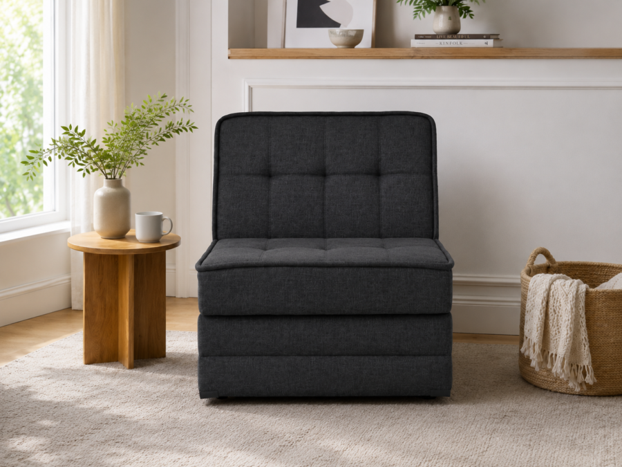 Fotoliu extensibil Compact, funcție pat 82 × 191 cm, cadru metalic, spumă poliuretanică și spațiu practic de depozitare. Mobila Mega – Fotoliu