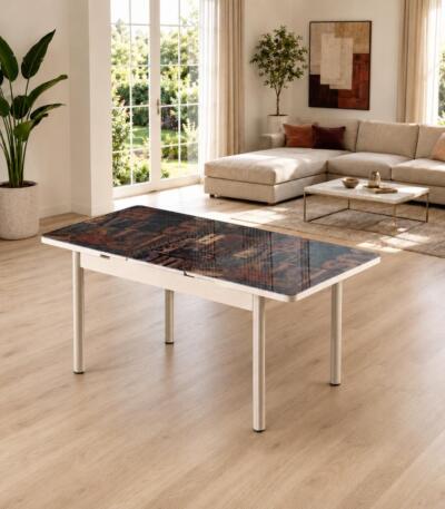 Masă extensibilă Gold Litere, cu blat decorativ și lungime reglabilă de la 130 la 165 cm. Ideală pentru bucătărie, dining sau living. Mobila Mega – Mese și Scaune – imagine 3
