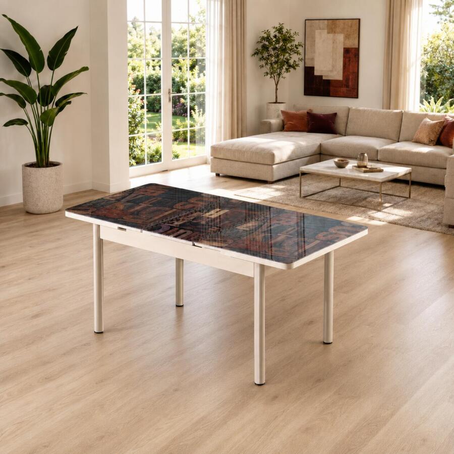 Masă extensibilă Gold Litere, cu blat decorativ și lungime reglabilă de la 130 la 165 cm. Ideală pentru bucătărie, dining sau living. Mobila Mega – Mese și Scaune – imagine 3