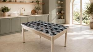 Masă extensibilă Gold Mozaic cu blat decorativ și lungime reglabilă de la 130 la 165 cm. Ideală pentru bucătărie, dining sau living. Mobila Mega – Mese și Scaune – imagine 2