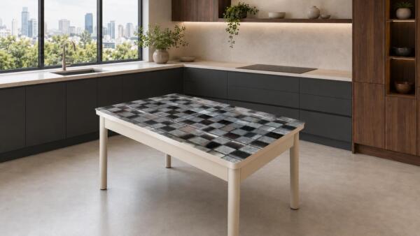 Masă extensibilă Gold Mozaic cu blat decorativ și lungime reglabilă de la 130 la 165 cm. Ideală pentru bucătărie, dining sau living. Mobila Mega – Mese și Scaune