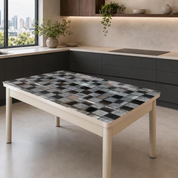 Masă extensibilă Gold Mozaic cu blat decorativ și lungime reglabilă de la 130 la 165 cm. Ideală pentru bucătărie, dining sau living. Mobila Mega – Mese și Scaune