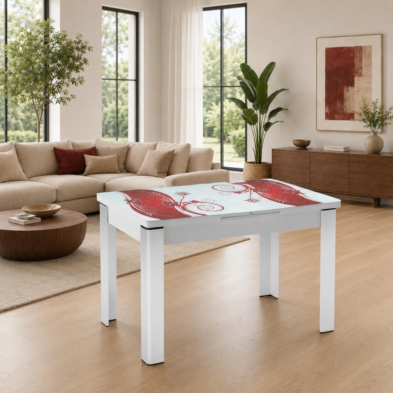 Masă extensibilă Viva Bordo cu blat lucios și imprimeu floral. Dimensiunea de 80 × 130 cm poate fi extinsă până la 80 × 165 cm. Mobila Mega – Mese și Scaune – imagine 4