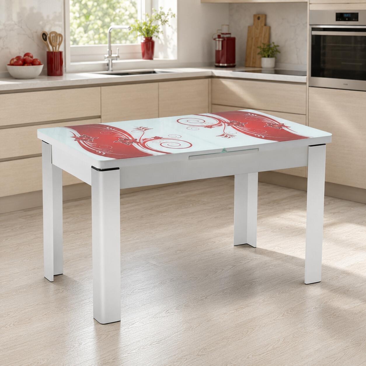 Masă extensibilă Viva Bordo cu blat lucios și imprimeu floral. Dimensiunea de 80 × 130 cm poate fi extinsă până la 80 × 165 cm. Mobila Mega – Mese și Scaune