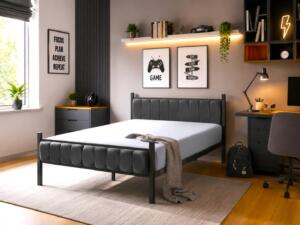 Pat metalic tapițat, cu structură rezistentă și design elegant, potrivit pentru amenajarea unui dormitor modern, confortabil și elegant. Mobila Mega – Paturi – imagine 2