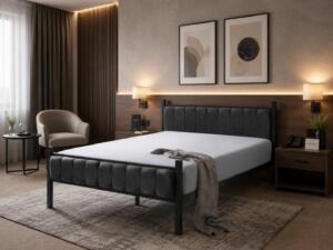 Pat metalic tapițat, cu structură rezistentă și design elegant, potrivit pentru amenajarea unui dormitor modern, confortabil și elegant. Mobila Mega – Paturi – imagine 3