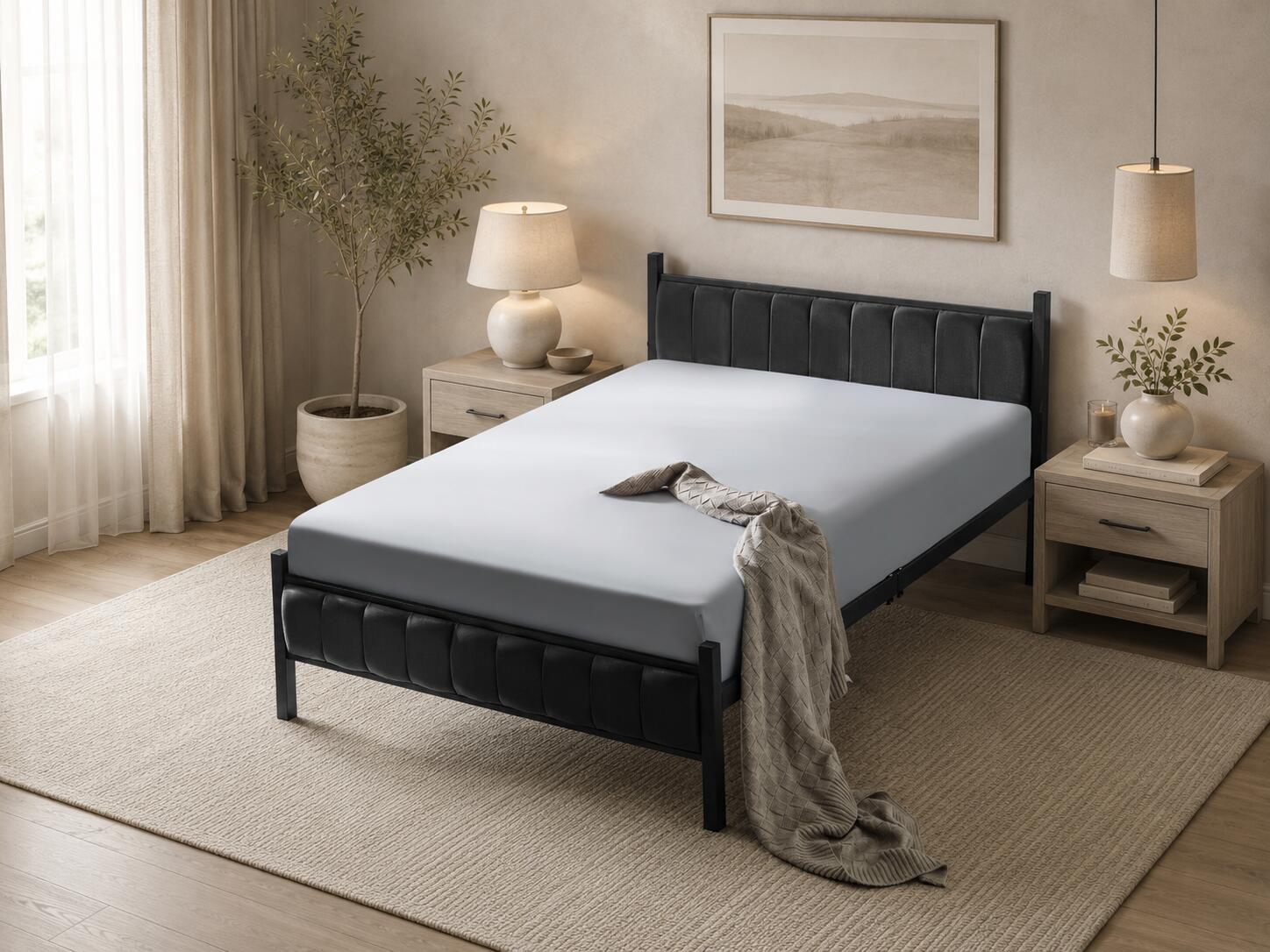 Pat metalic tapițat, cu structură rezistentă și design elegant, potrivit pentru amenajarea unui dormitor modern, confortabil și elegant. Mobila Mega – Paturi – imagine 4