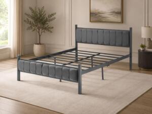 Pat metalic tapițat, cu structură rezistentă și design elegant, potrivit pentru amenajarea unui dormitor modern, confortabil și elegant. Mobila Mega – Paturi – imagine 6