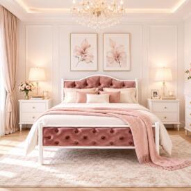 Pat Metalic Tapițat, vopsit electrostatic, cu structură rezistentă și design capitonat elegant. Ideal pentru dormitoare moderne, clasice sau romantice. Mobila Mega – Paturi – imagine 2
