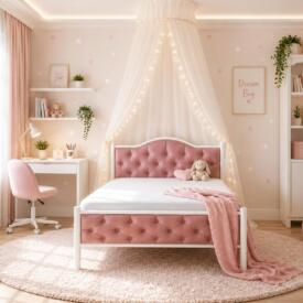 Pat Metalic Tapițat, vopsit electrostatic, cu structură rezistentă și design capitonat elegant. Ideal pentru dormitoare moderne, clasice sau romantice. Mobila Mega – Paturi