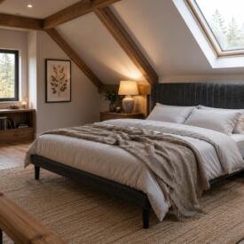 Pat pliabil tapițat cu design modern, tăblie înaltă și structură practică. Ideal pentru dormitoare, camere de oaspeți și spații compacte. Mobila Mega – Paturi – imagine 2
