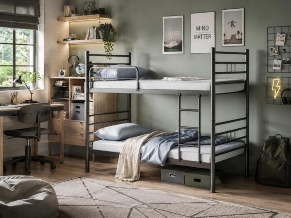 Pat supraetajat Gri 90x200 din metal vopsit electrostatic, potrivit pentru saltele 90x200 cm. Poate fi folosit supraetajat sau separat. Mobila Mega – Paturi – imagine 2