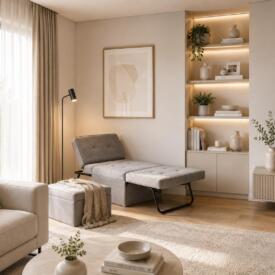 Taburet Tip Pat Extensibil, Gri Deschis, cu dimensiuni de 86x189 cm și spumă poliuretanică. Compact, confortabil și ideal pentru oaspeți sau spații mici. Mobila Mega – Paturi – imagine 2