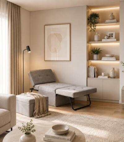 Taburet Tip Pat Extensibil, Gri Deschis, cu dimensiuni de 86x189 cm și spumă poliuretanică. Compact, confortabil și ideal pentru oaspeți sau spații mici. Mobila Mega – Paturi – imagine 2