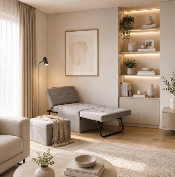 Taburet Tip Pat Extensibil, Gri Deschis, cu dimensiuni de 86x189 cm și spumă poliuretanică. Compact, confortabil și ideal pentru oaspeți sau spații mici. Mobila Mega – Paturi – imagine 2
