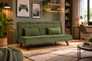 Canapea verde într-o cameră cozy scandinavă