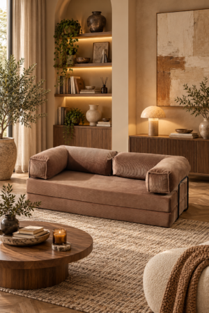 Living minimalist cu canapea caramel