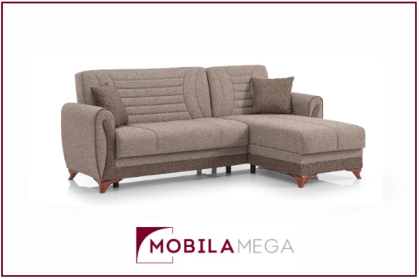 Colțar extensibil Bella – reversibil, cu ladă de depozitare și 2 perne decorative. Mobila Mobila.